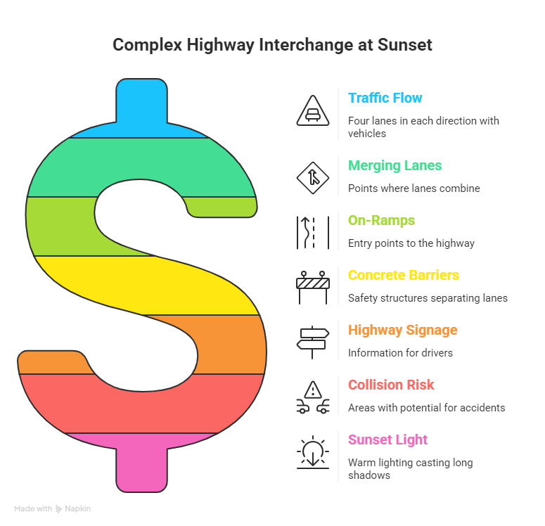 Infographic of a complex highway interchange at sunset using a dollar sign shaped roadway to highlight traffic flow, merging lanes, on ramps, barriers, signage, collision risk, and sunset light.