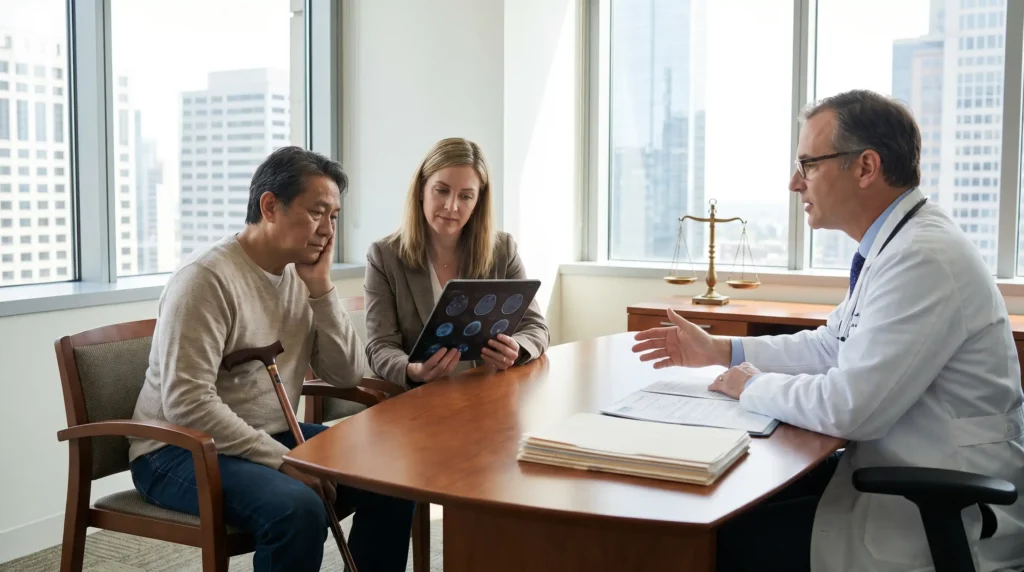 Doctor discussing brain scan results with a patient and family member during a medical consultation.