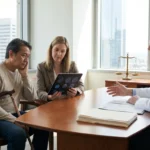 Doctor discussing brain scan results with a patient and family member during a medical consultation.