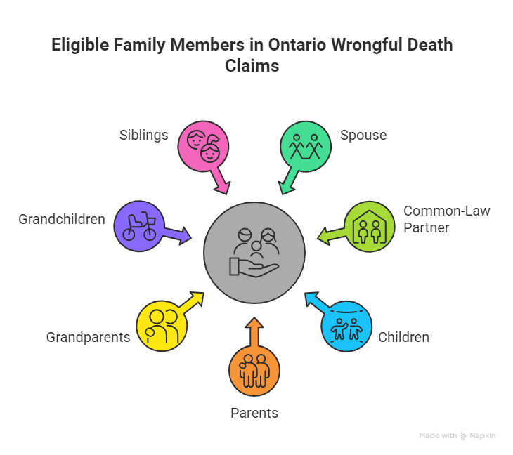 Infographic showing eligible family members in Ontario wrongful death claims, including spouse, children, parents, grandparents, grandchildren, siblings, and common law partner.
