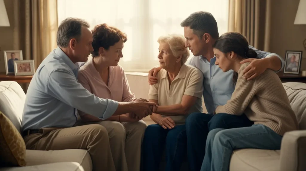 Family gathered together, comforting elderly woman during a heartfelt conversation in a cozy living room.
