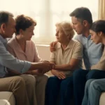 Family gathered together, comforting elderly woman during a heartfelt conversation in a cozy living room.