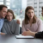 Family meeting with a professional advisor in an office to discuss an important legal matter.