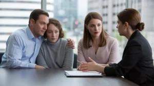 Family meeting with a professional advisor in an office to discuss an important legal matter.