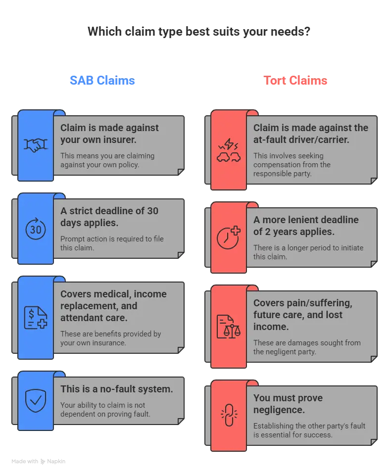 Infographic comparing the differences between no-fault claims and fault claims, including deadlines, coverage, and claim requirements.