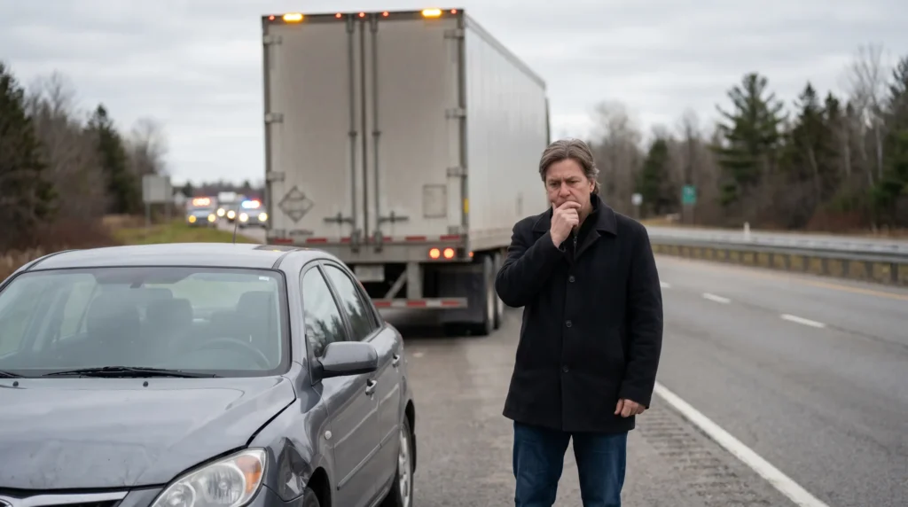 Man standing beside a damaged car after a highway truck accident with police lights in the background.