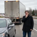 Man standing beside a damaged car after a highway truck accident with police lights in the background.
