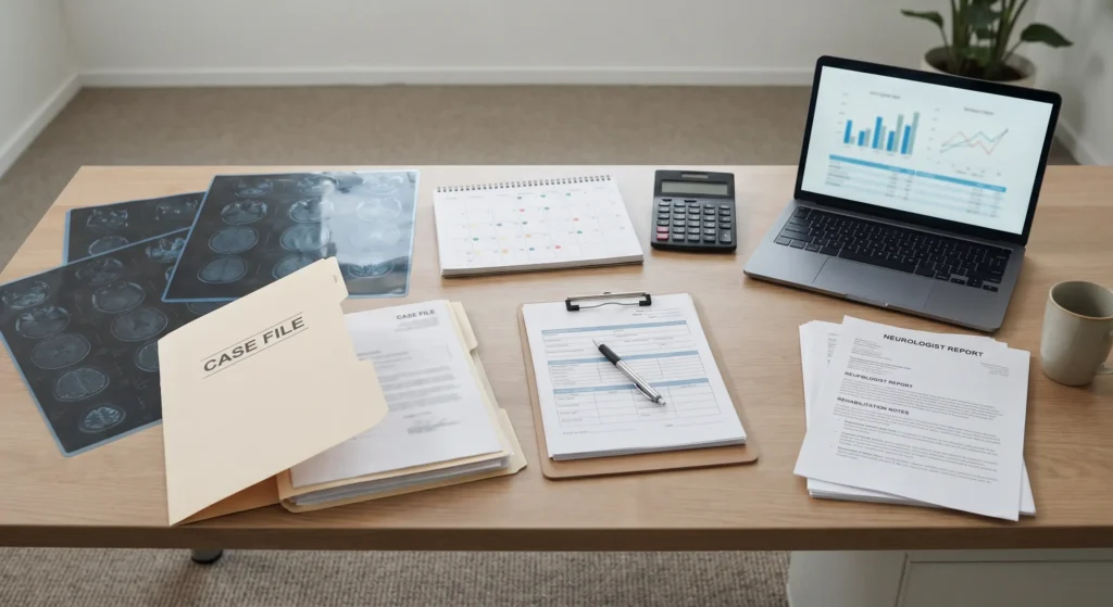 Medical case file, brain scan images, reports, and laptop with analytics displayed on a healthcare office desk,