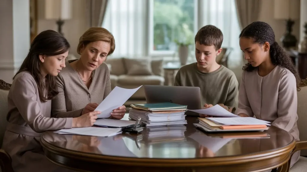 Mother and three children reviewing legal documents together at a dining table in a home setting.