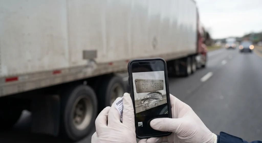 Person photographing vehicle identification number on a truck using a smartphone as part of an investigation.