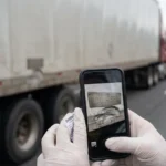 Person photographing vehicle identification number on a truck using a smartphone as part of an investigation.