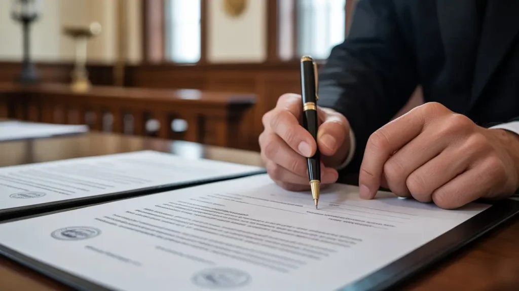 Professional signing legal documents in a courtroom with a fountain pen on official papers.
