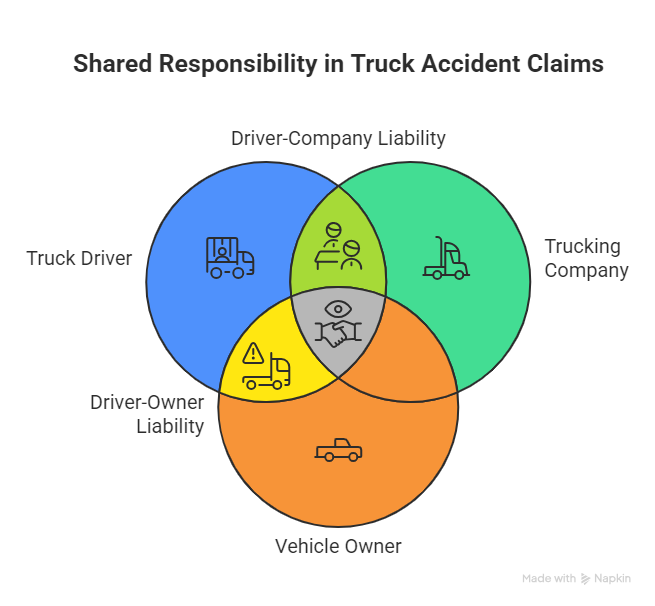 Venn diagram showing shared responsibility in truck accident claims among the truck driver, trucking company, and vehicle owner.