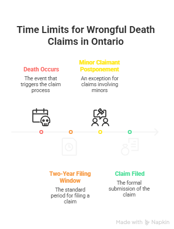Infographic illustrating time limits for wrongful death claims in Ontario, showing key milestones such as death occurrence, claim filing window, and formal claim submission.