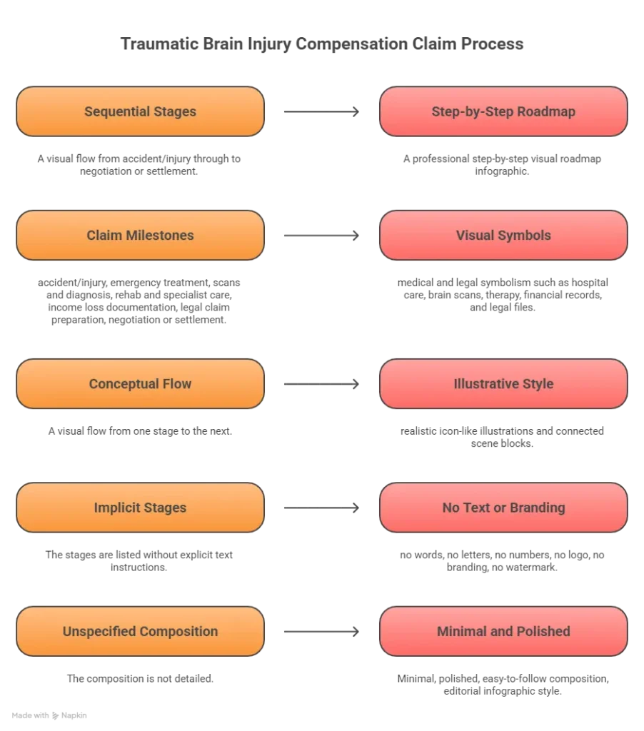 Infographic showing a step by step roadmap for traumatic brain injury claim visuals with milestones, visual symbols, illustrative style, and minimal polished design.