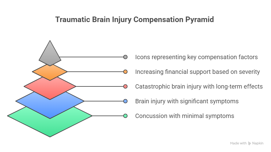 Traumatic brain injury compensation pyramid showing compensation levels from concussion with minimal symptoms to catastrophic brain injury with long term effects.