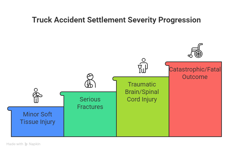 Chart showing truck accident settlement severity progression from minor soft tissue injury to catastrophic or fatal outcome.