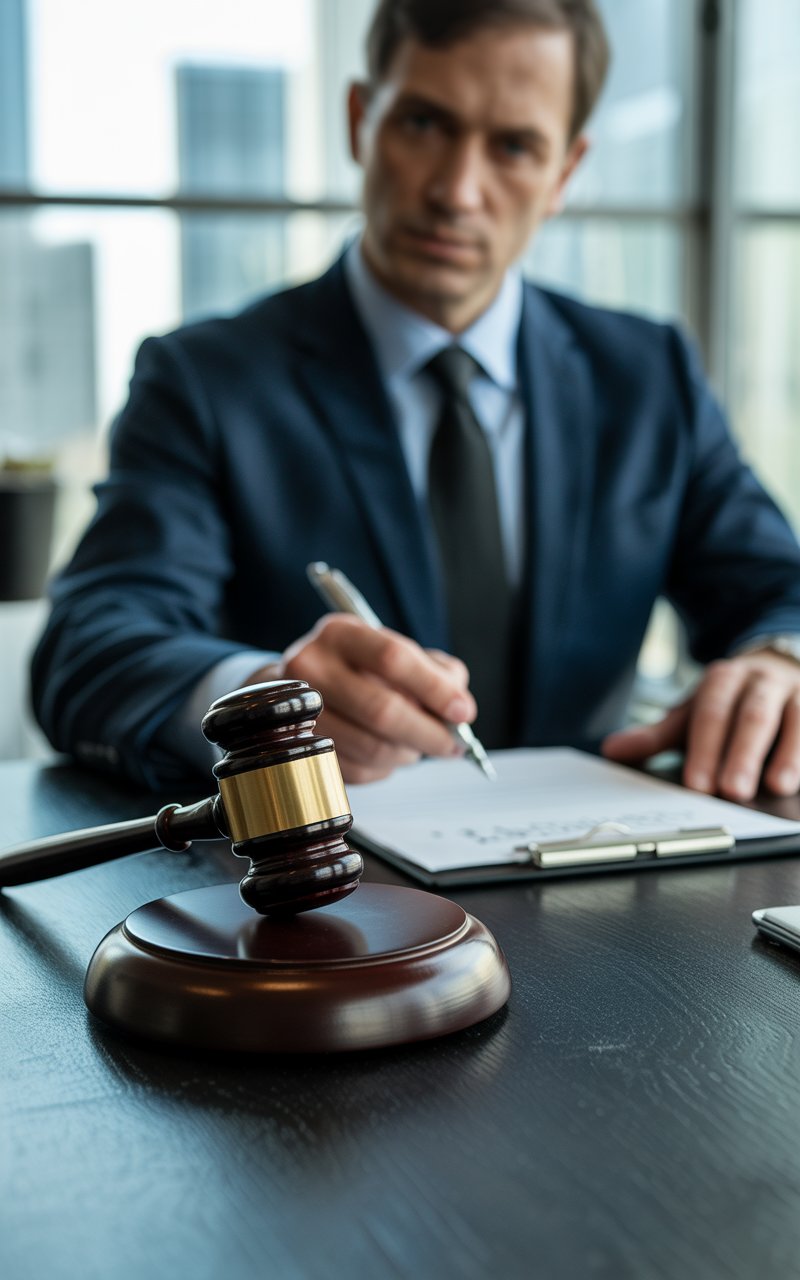 Wrongful death lawyer reviewing legal documents at a desk with a gavel in the foreground in a modern office.