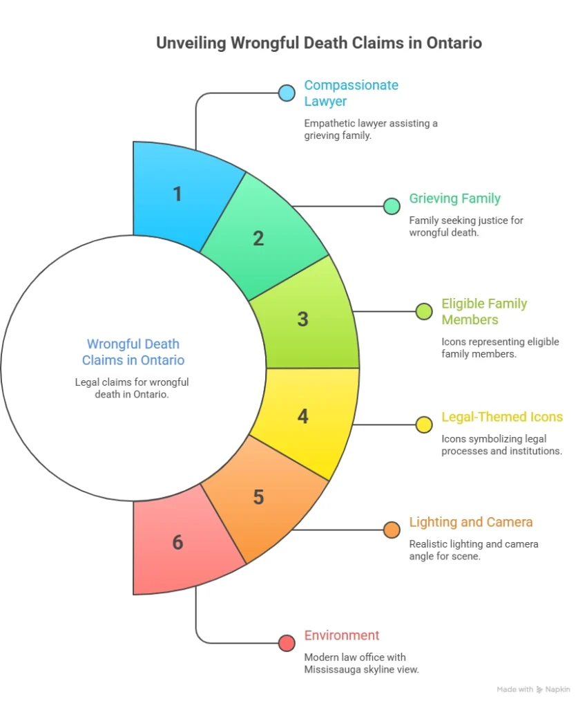 Infographic explaining wrongful death claims in Ontario with sections for compassionate lawyer, grieving family, eligible family members, legal icons, and law office environment.