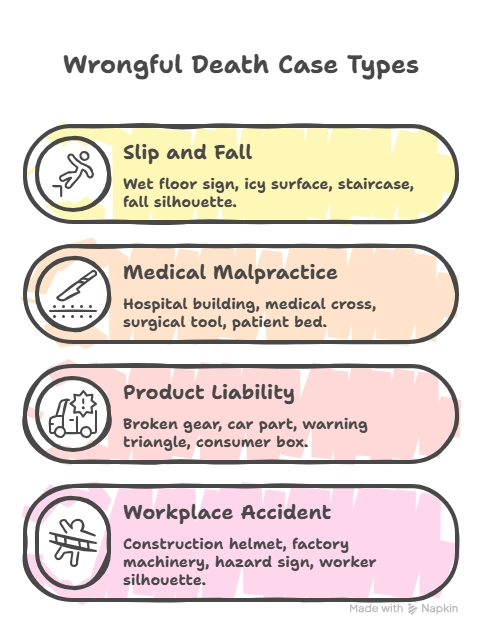 Infographic showing wrongful death case types, including slip and fall, medical malpractice, product liability, and workplace accidents.