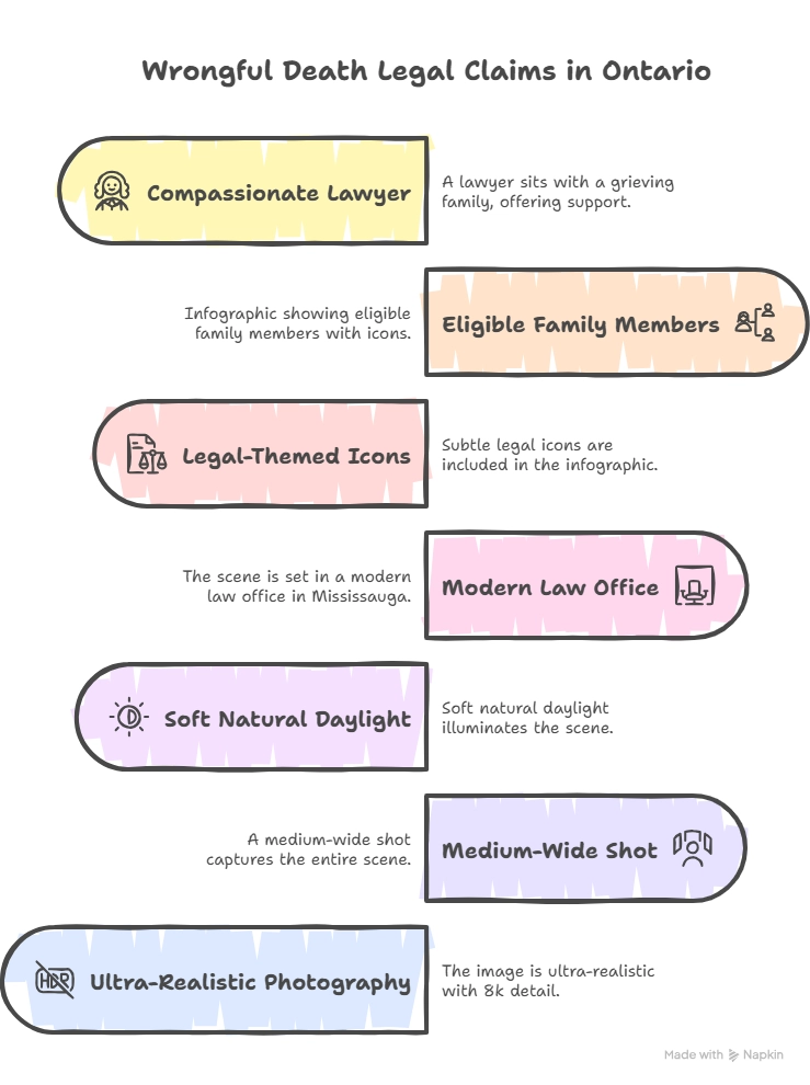 Infographic outlining wrongful death legal claims in Ontario, including eligible family members, legal icons, modern law office setting, and compassionate legal support.