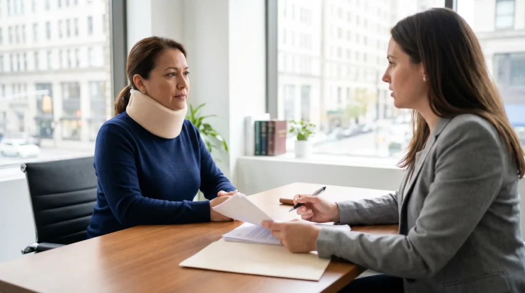 Woman wearing a neck brace meeting with an attorney to discuss an injury claim after an accident.