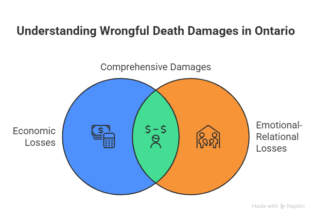 Venn diagram explaining wrongful death damages in Ontario, comparing economic losses, emotional relational losses, and comprehensive damages.