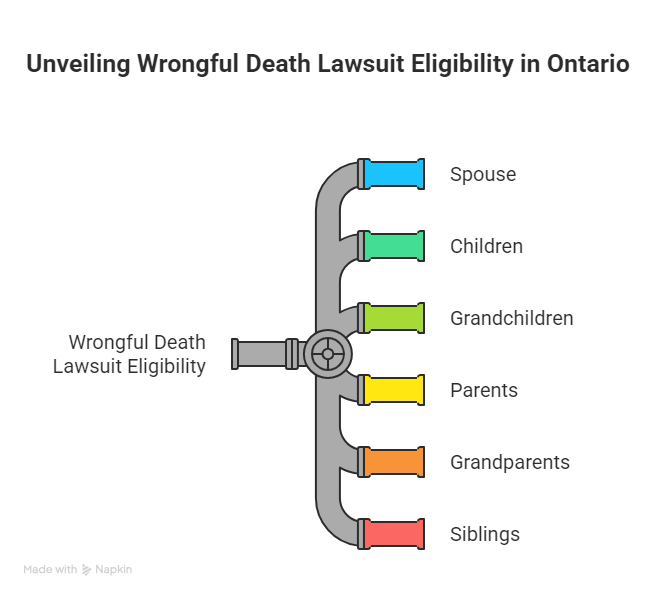 Infographic showing eligibility for wrongful death lawsuit in Ontario, outlining various family members such as spouse, children, and grandparents