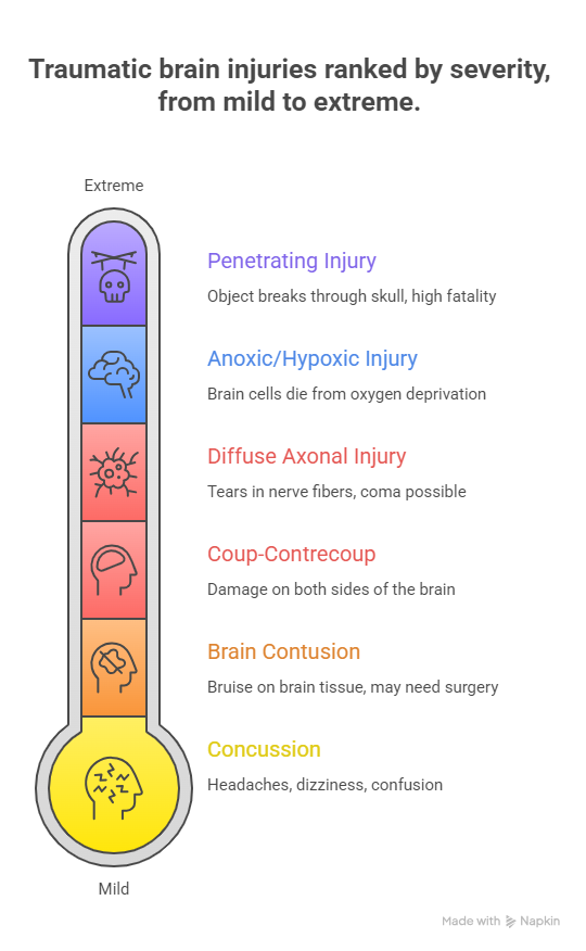 Traumatic brain injuries ranked by severity, from mild to extreme.