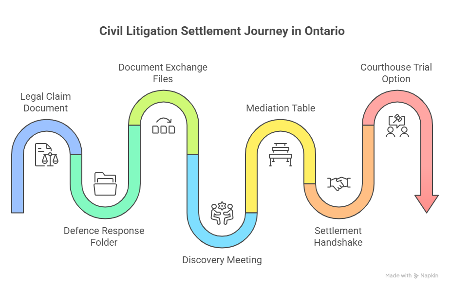 Civil litigation settlement journey in Ontario showing legal claim, defence response, discovery, mediation, settlement, and trial options.