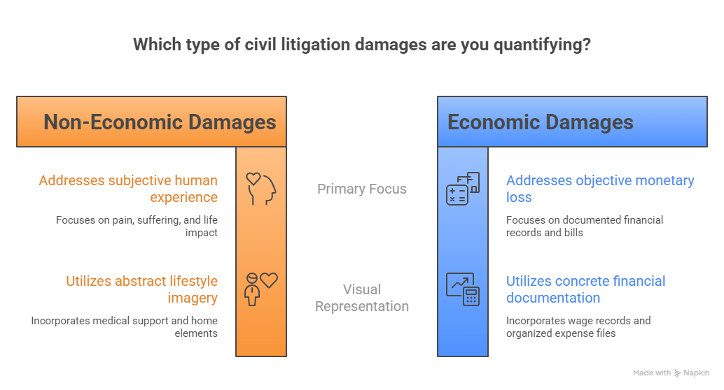 Comparison of economic and non economic civil litigation damages with focus on financial loss and human impact.