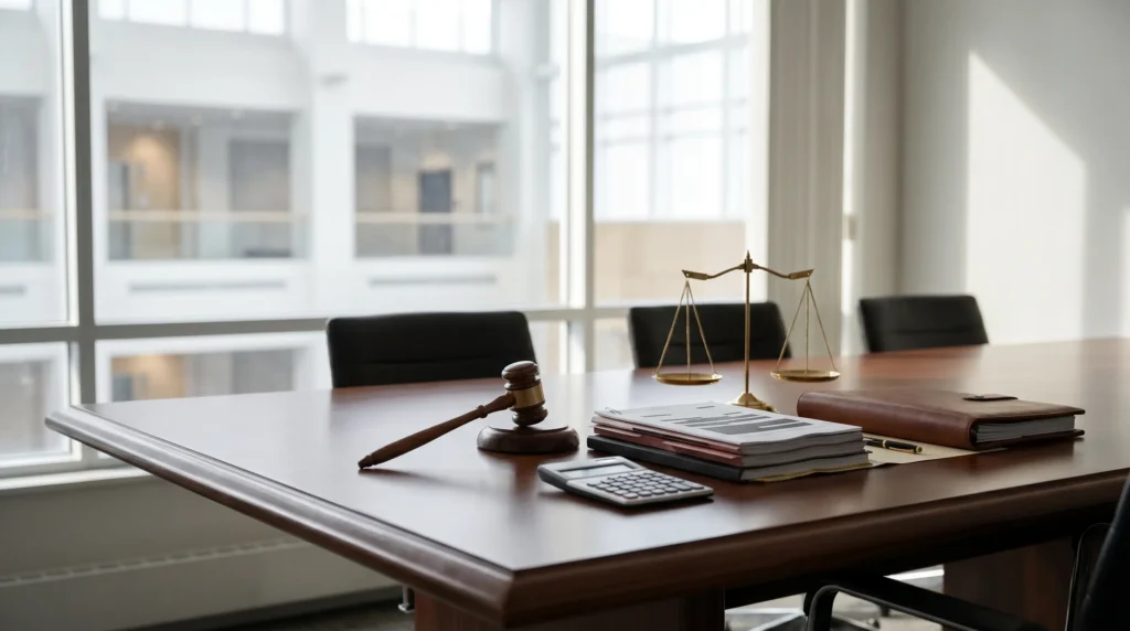 Legal office desk with gavel, balance scale, documents, and calculator for civil litigation case review in Ontario.