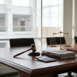 Legal office desk with gavel, balance scale, documents, and calculator for civil litigation case review in Ontario.