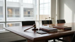 Legal office desk with gavel, balance scale, documents, and calculator for civil litigation case review in Ontario.