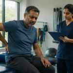 Patient with lower back pain being assessed by a physiotherapist in a rehabilitation clinic.