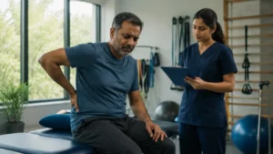 Patient with lower back pain being assessed by a physiotherapist in a rehabilitation clinic.
