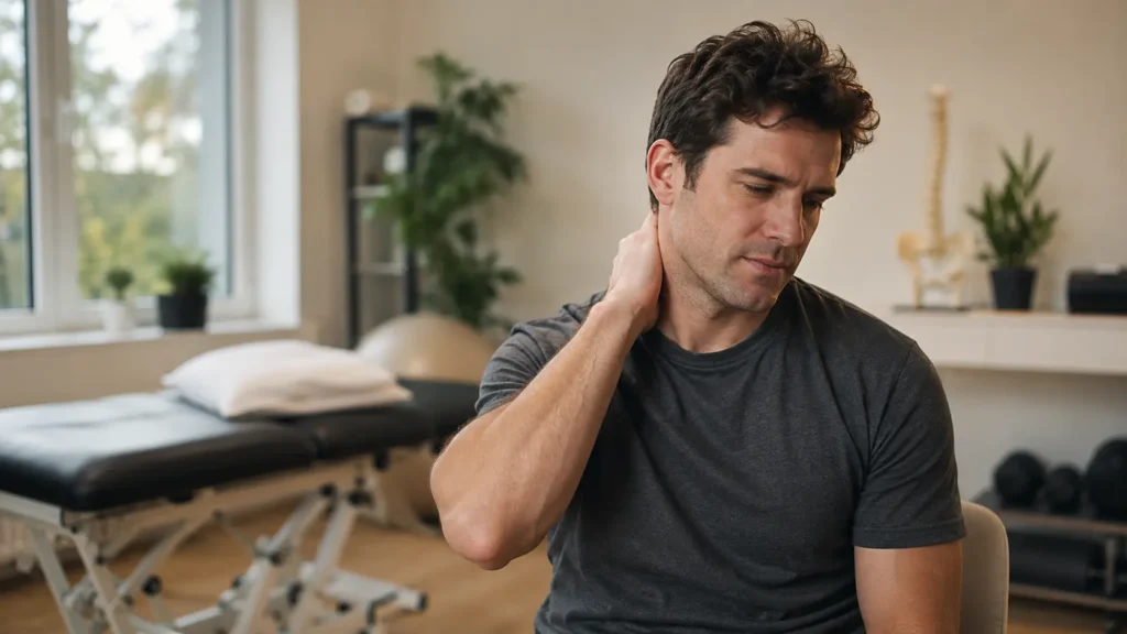 Man experiencing neck pain in a physiotherapy clinic during injury recovery assessment.