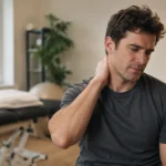 Man experiencing neck pain in a physiotherapy clinic during injury recovery assessment.