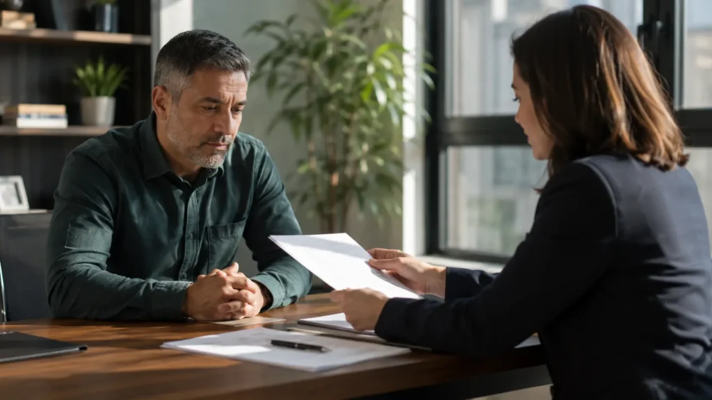 Lawyer reviewing legal documents with a client during a personal injury settlement consultation.