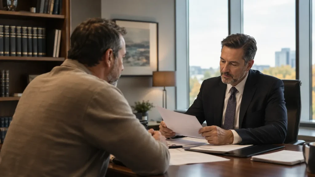 Lawyer reviewing settlement documents with a client during a long term disability claim consultation.