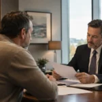 Lawyer reviewing settlement documents with a client during a long term disability claim consultation.