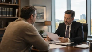 Lawyer reviewing settlement documents with a client during a long term disability claim consultation.