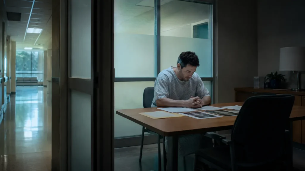 Patient in a hospital consultation room reviewing medical documents related to a legal claim.