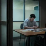 Patient in a hospital consultation room reviewing medical documents related to a legal claim.