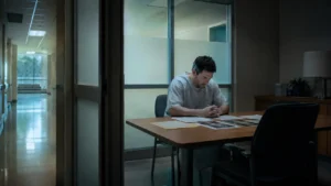 Patient in a hospital consultation room reviewing medical documents related to a legal claim.