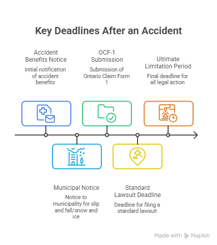 Accident deadline timeline showing key legal notice and claim submission dates after an injury.