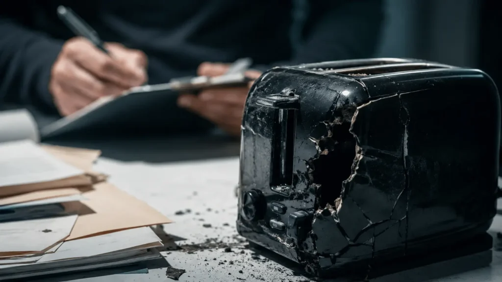Lawyer documenting a burned and defective toaster on a desk surrounded by legal papers