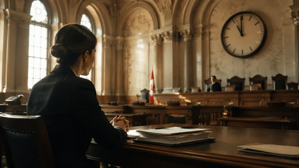 Lawyer sitting in an Ontario courtroom with legal documents and a large clock in the background.