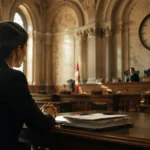 Lawyer sitting in an Ontario courtroom with legal documents and a large clock in the background.