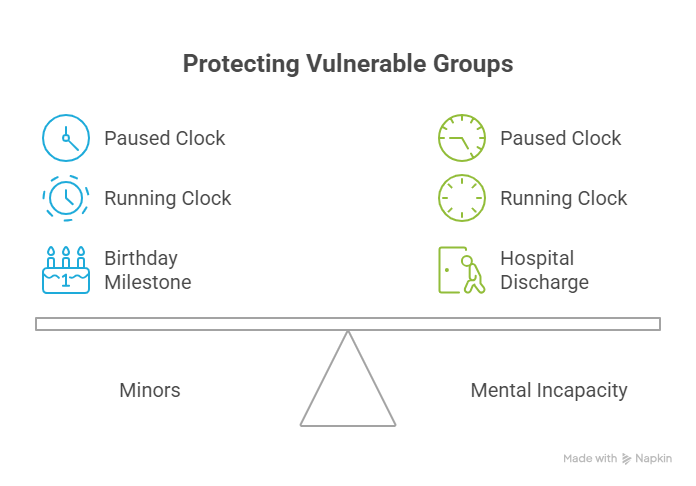 Infographic showing limitation period rules for minors and people with mental incapacity.